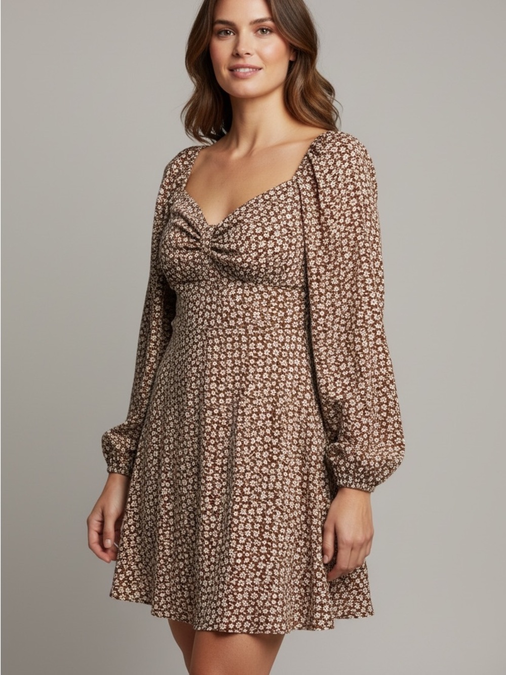 Source Unknown Brown Floral Long-Sleeve Twist-Front Dress
